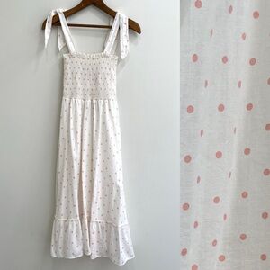 Peixoto Smocked Midi Dress Ruffle Hem White Pink Polka Dot 100% Cotton Size XS
